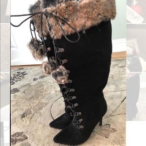 New Black micro Suede Tall Knee Boots w/ Faux Fur
